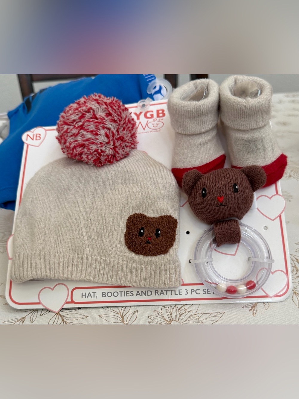NYGB TWO Baby Knit Hat, Booties & Rattle 3-Piece Gift Set Newborn Teddy Bear NWT